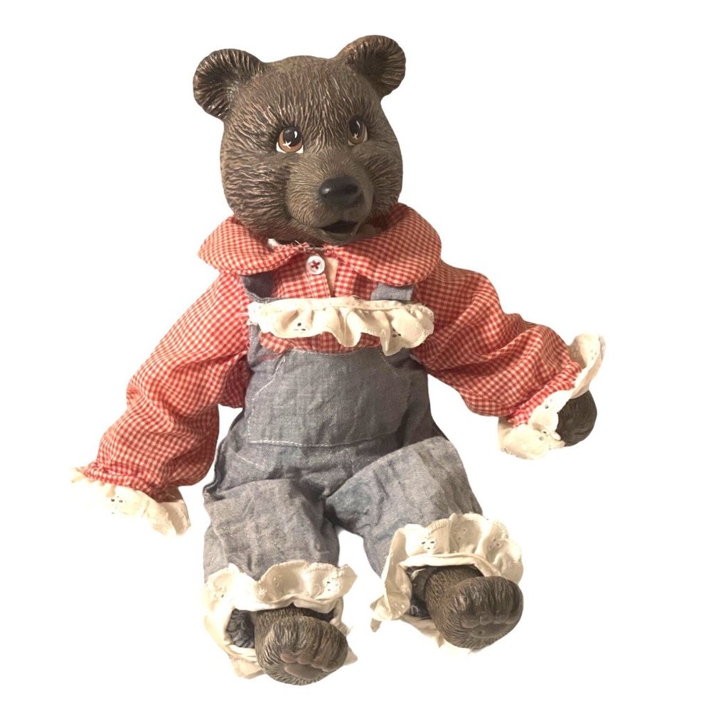 Vintage Ceramic Teddy Bear Soft Body Duncan Doll? Clothes Red Plaid Shirt Jumper